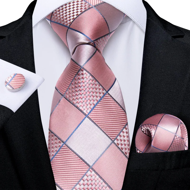 Light Pink Plaid Silk Fabric Tie Hanky Cufflinks Set sold by Ties2You