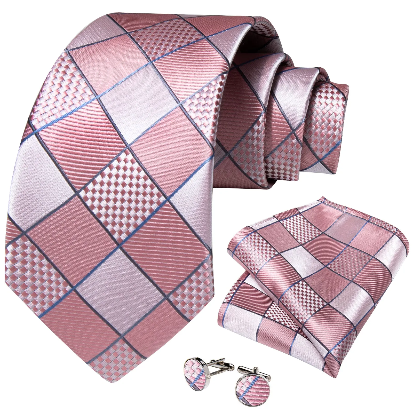 Light Pink Plaid Silk Fabric Tie Hanky Cufflinks Set sold by Ties2You product image thumbnail 2