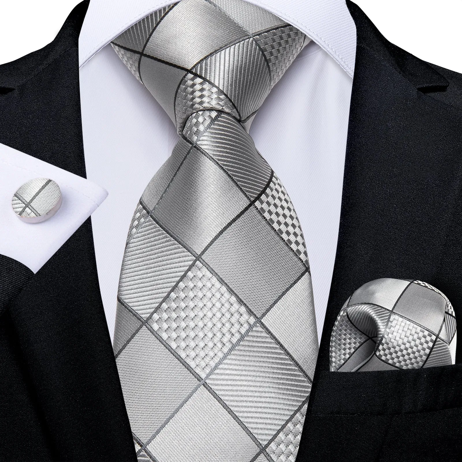 Light Grey Plaid Silk Fabric Tie Hanky Cufflinks Set sold by Ties2You