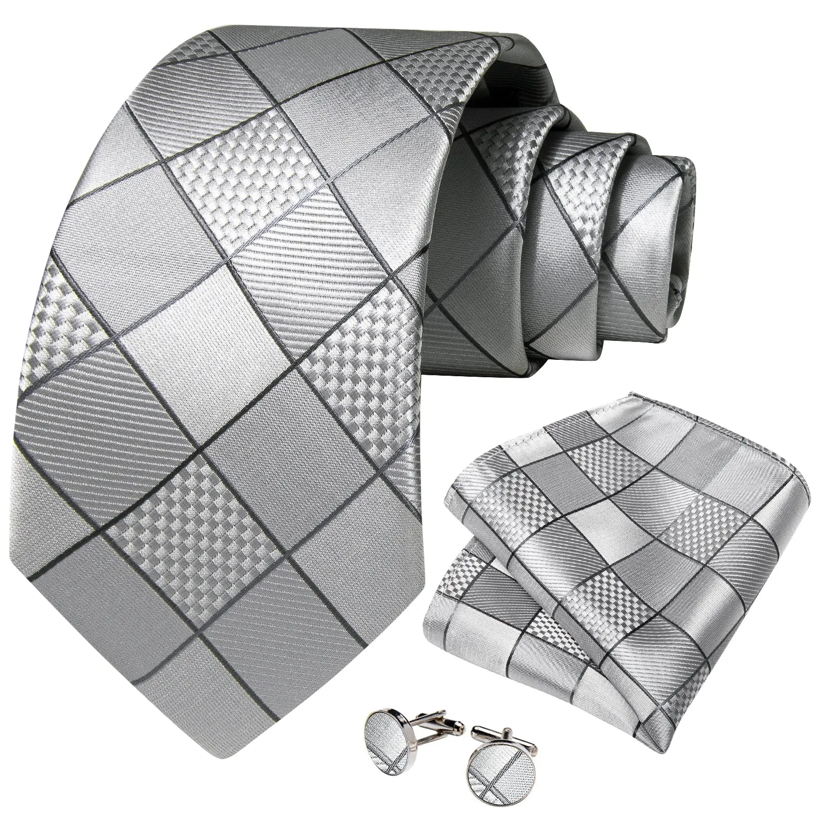 Light Grey Plaid Silk Fabric Tie Hanky Cufflinks Set sold by Ties2You product image thumbnail 2