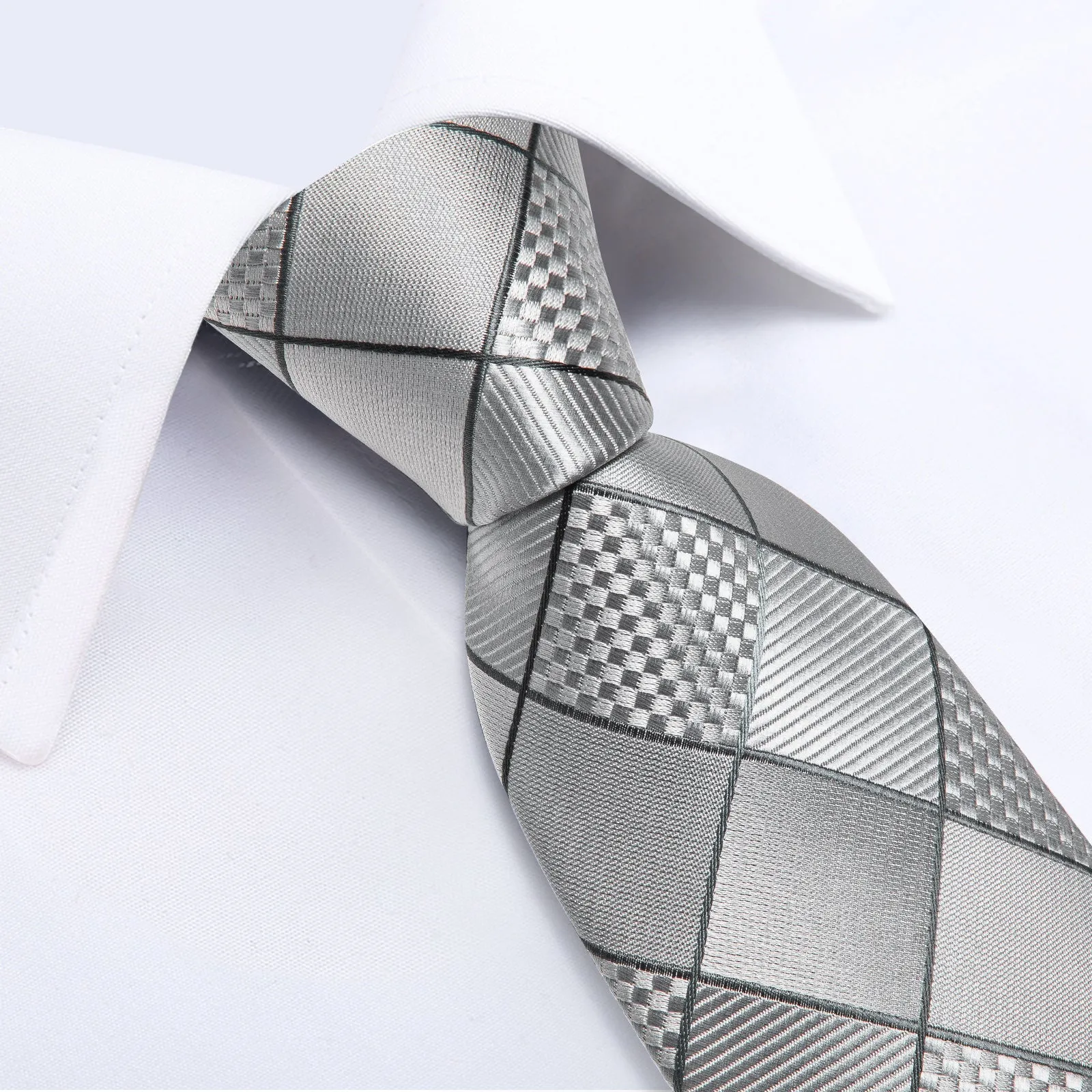Light Grey Plaid Silk Fabric Tie Hanky Cufflinks Set sold by Ties2You product image thumbnail 5