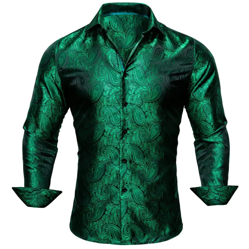 Green Paisley Style Silk Men's Long Sleeve Shirt sold by Ties2You