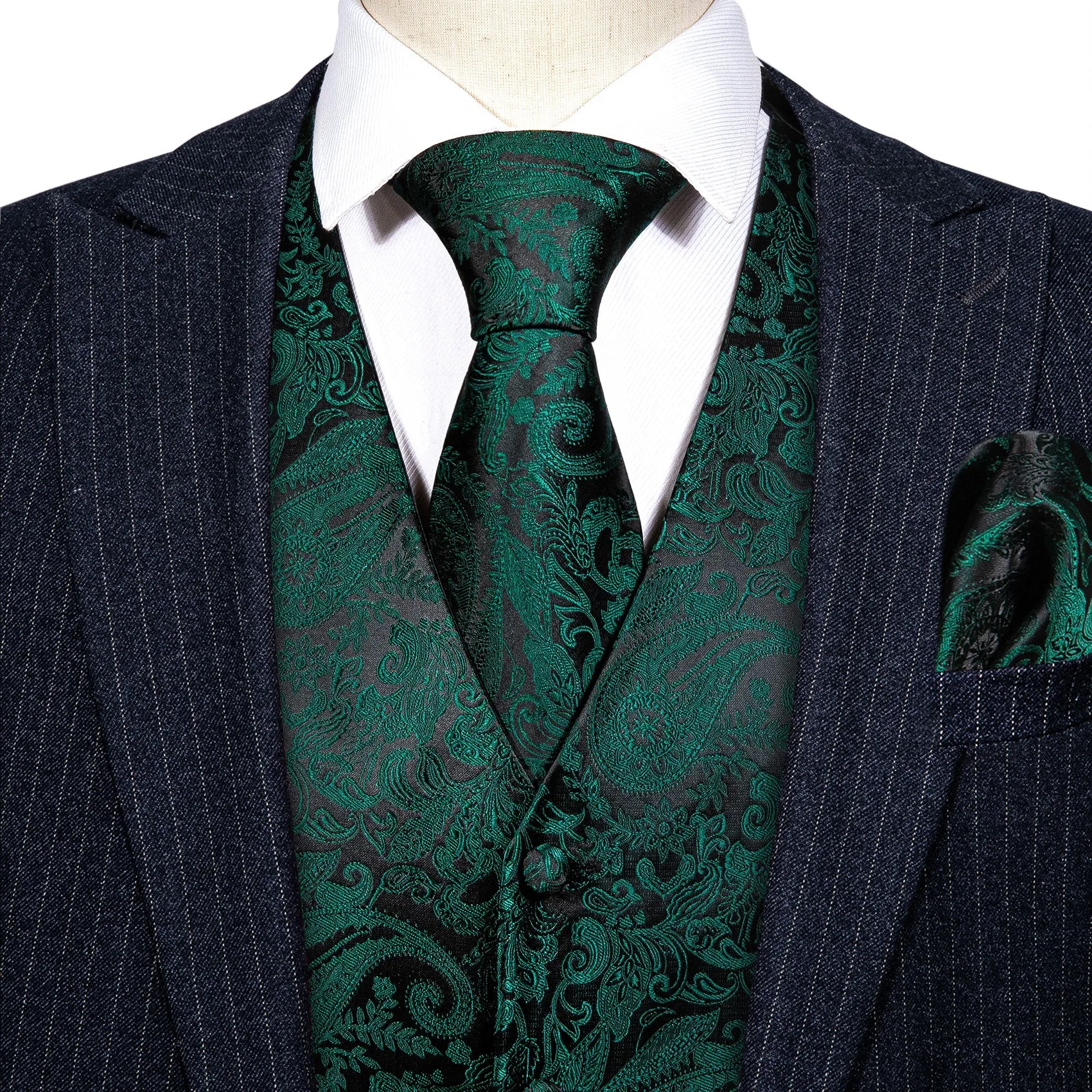 Dark Green Paisley Jacquard Silk Men's Vest Hanky Cufflinks Tie Set sold by Ties2You product image thumbnail 2