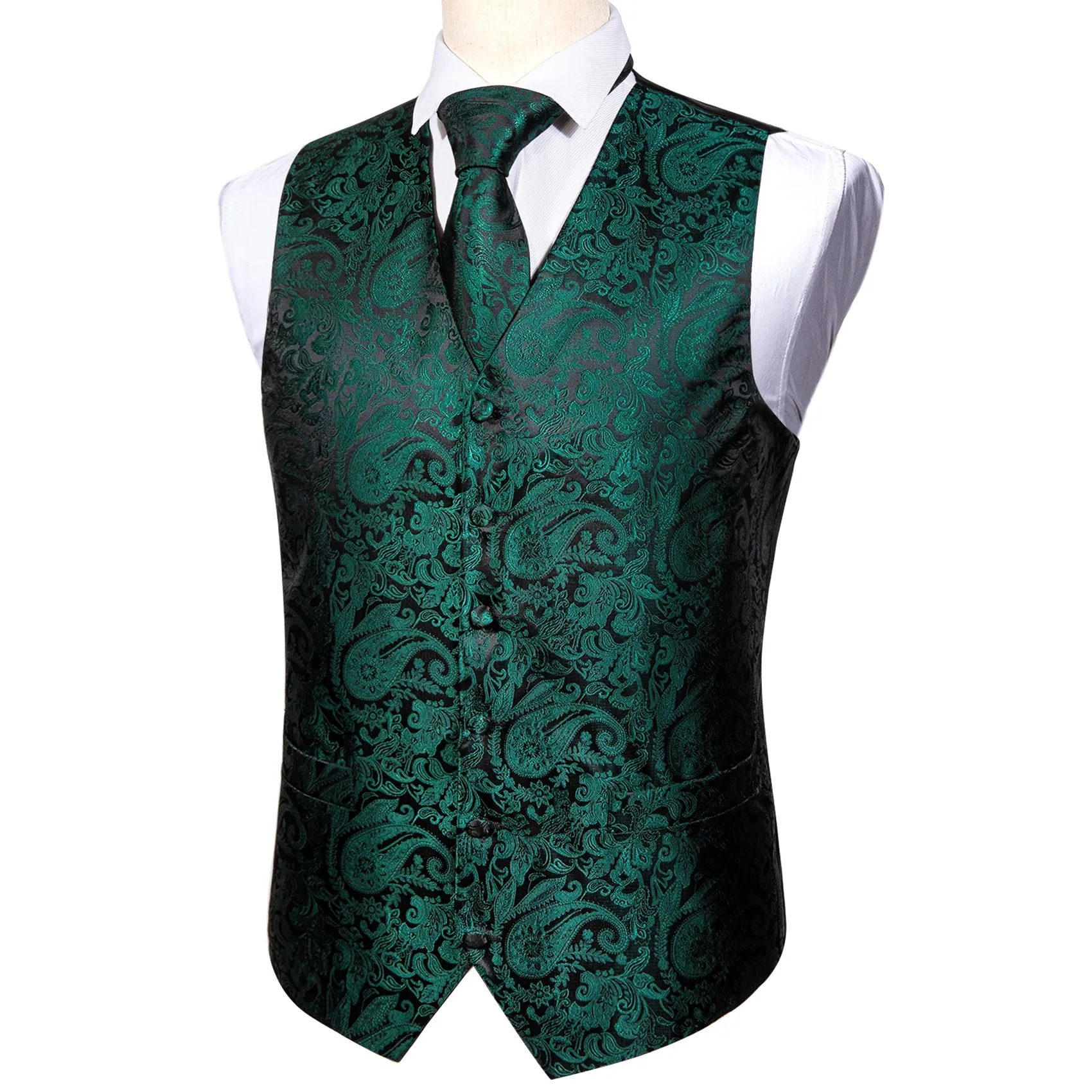 Dark Green Paisley Jacquard Silk Men's Vest Hanky Cufflinks Tie Set sold by Ties2You product image thumbnail 4