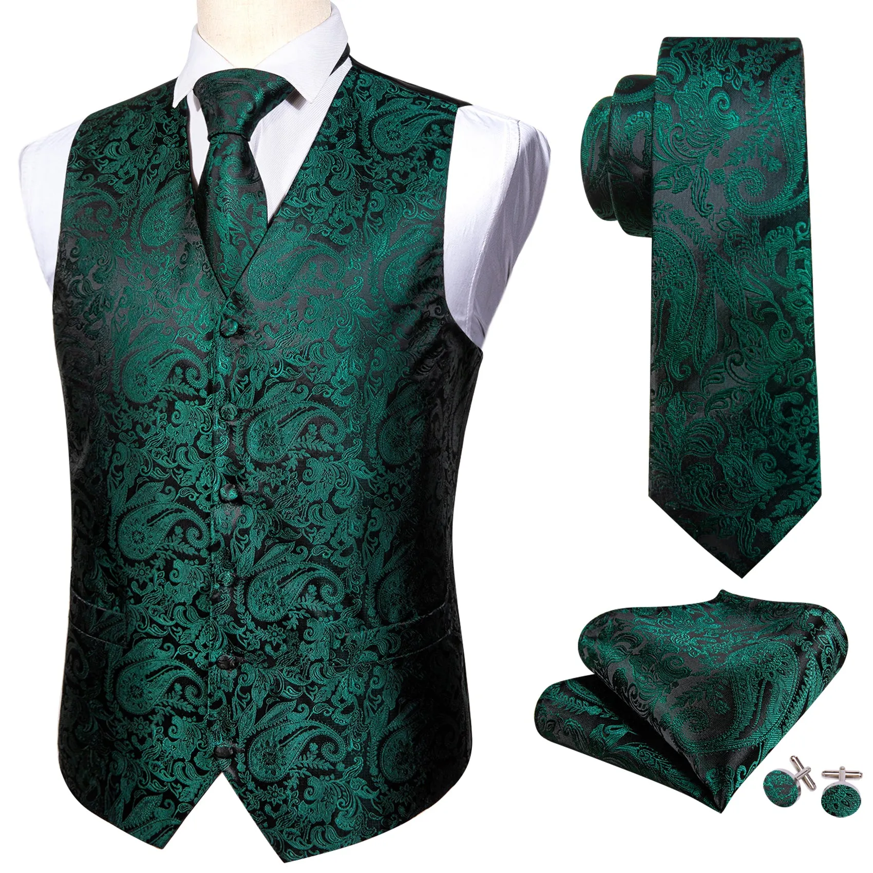 Dark Green Paisley Jacquard Silk Men's Vest Hanky Cufflinks Tie Set sold by Ties2You product image thumbnail 5