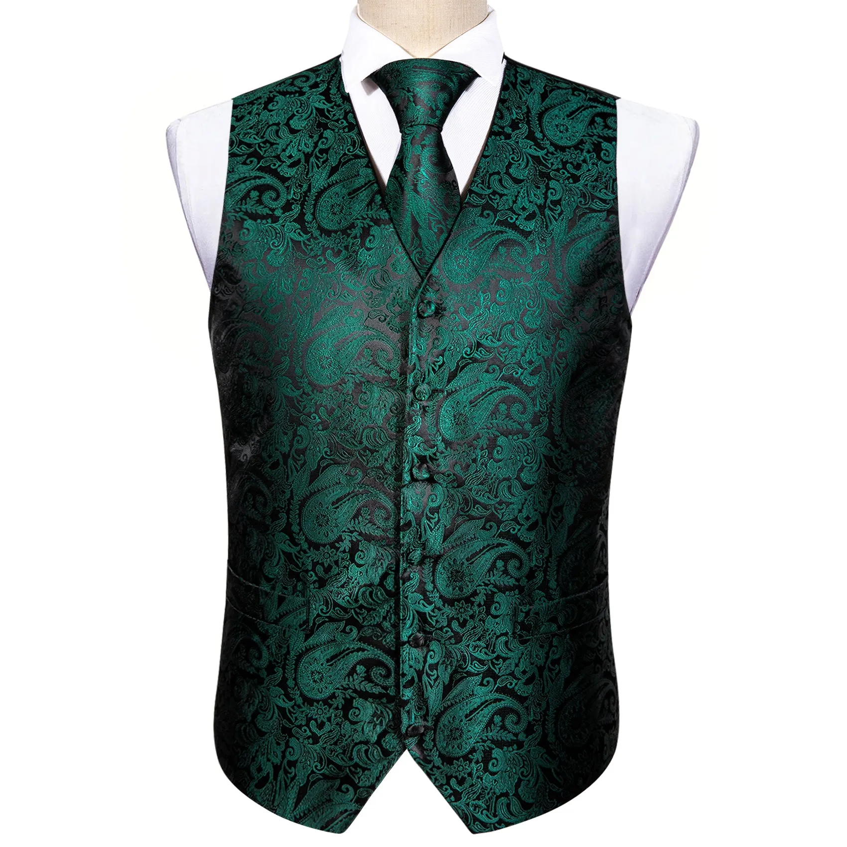 Dark Green Paisley Jacquard Silk Men's Vest Hanky Cufflinks Tie Set sold by Ties2You product image thumbnail 3