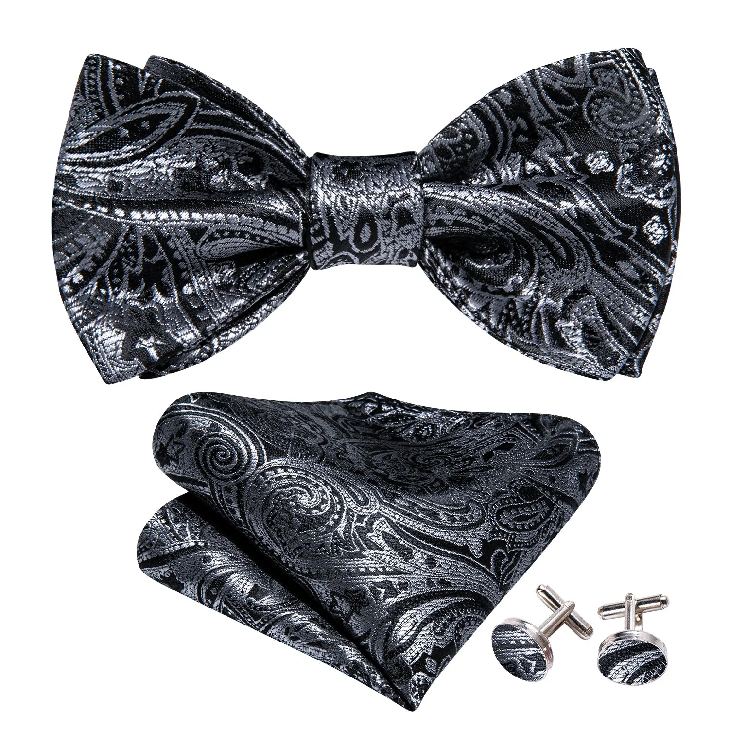 Black Silver Paisley Self-tied Silk Bow Tie Pocket Square Cufflinks Set sold by Ties2You product image thumbnail 2