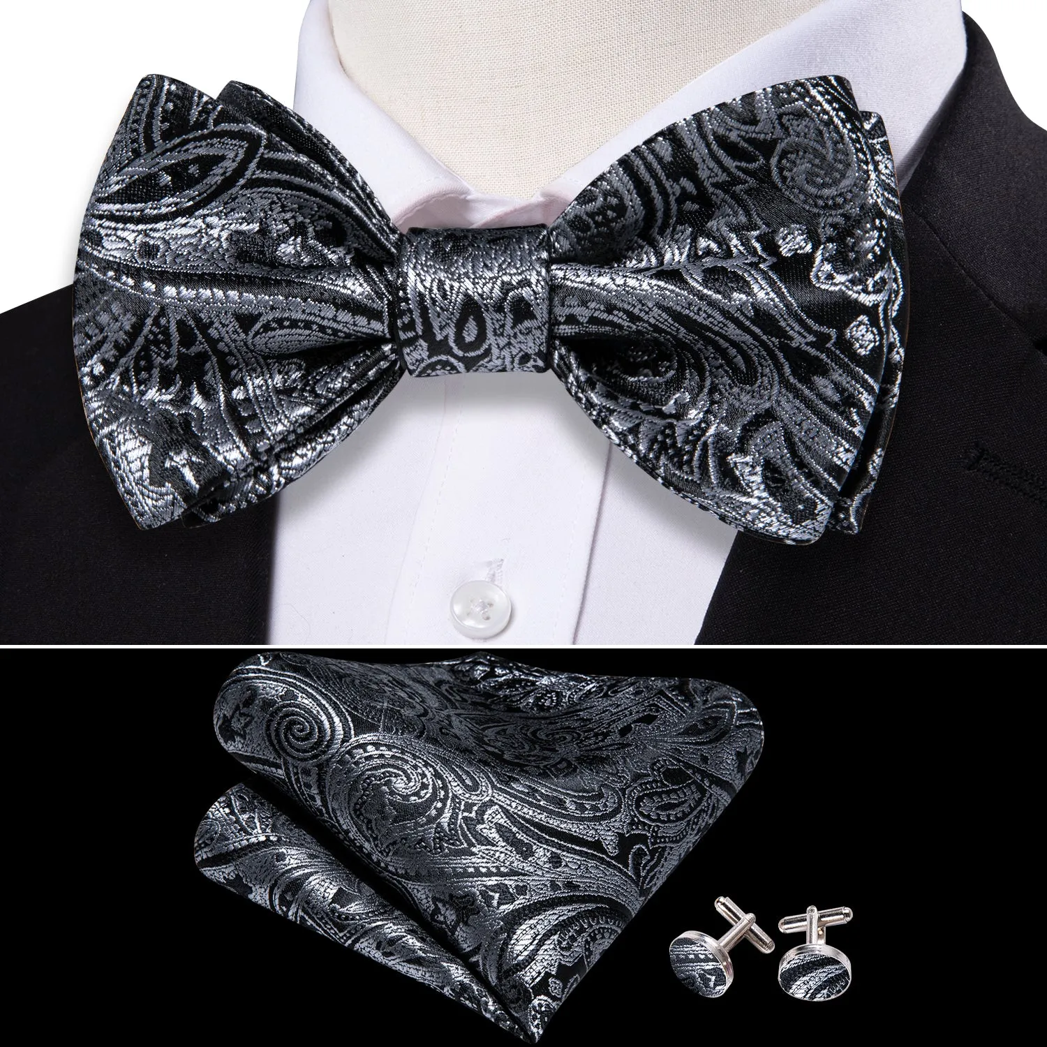 Black Silver Paisley Self-tied Silk Bow Tie Pocket Square Cufflinks Set sold by Ties2You product image thumbnail 3