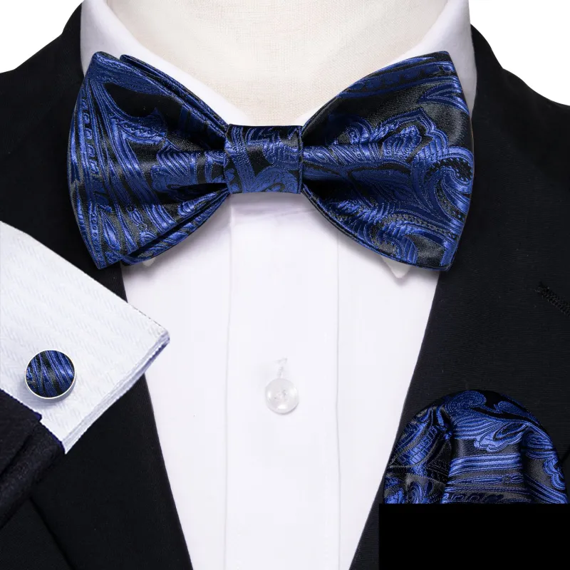Black Blue Paisley Self-tied Silk Bow Tie Pocket Square Cufflinks Set sold by Ties2You