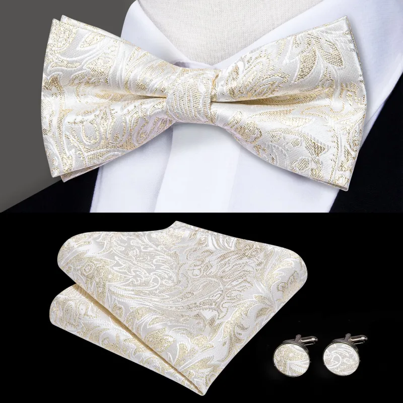 Beige Floral Men's Pre-tied Bowtie Pocket Square Cufflinks Set sold by Ties2You