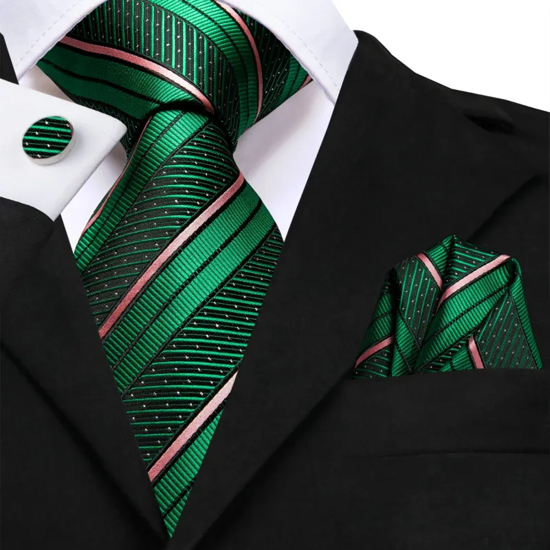 Ties2you Silk Hunter Green Necktie Pink Striped Business Tie Pocket Square Cufflinks Set sold by Ties2You
