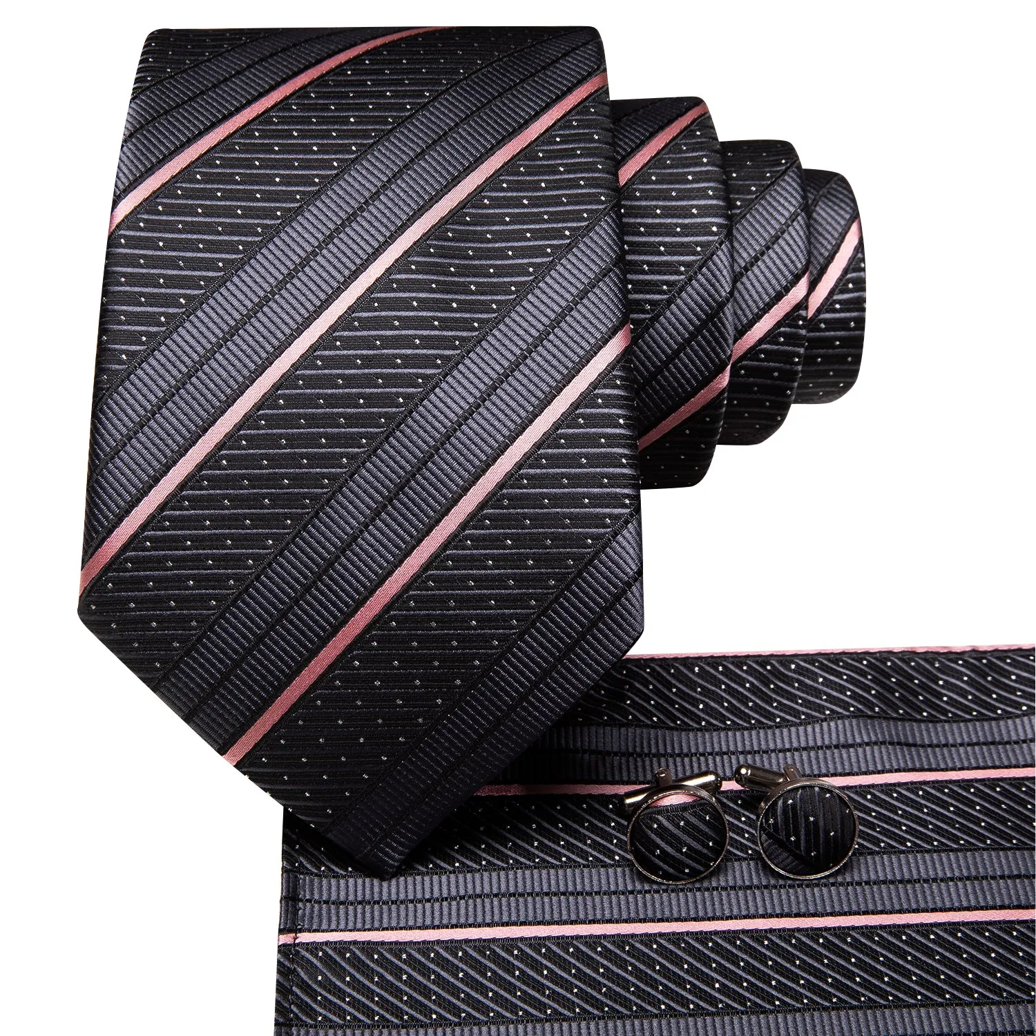 Ties2you Silk Black Tie Pink Striped Business Necktie Hanky Cufflinks Set sold by Ties2You product image thumbnail 3