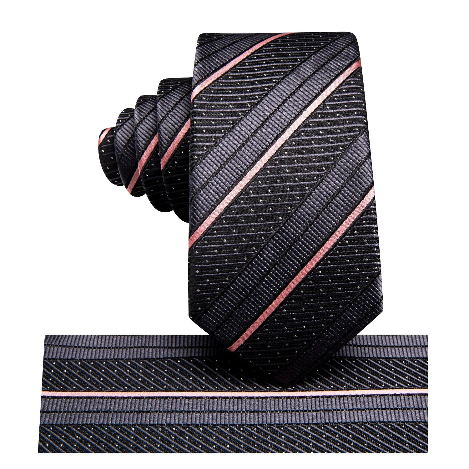 Ties2you Silk Black Tie Pink Striped Business Necktie Hanky Cufflinks Set sold by Ties2You product image thumbnail 4