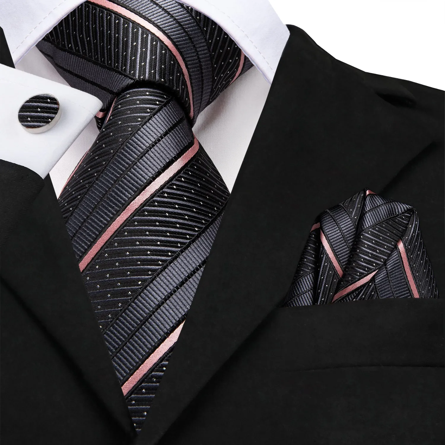 Ties2you Silk Black Tie Pink Striped Business Necktie Hanky Cufflinks Set sold by Ties2You