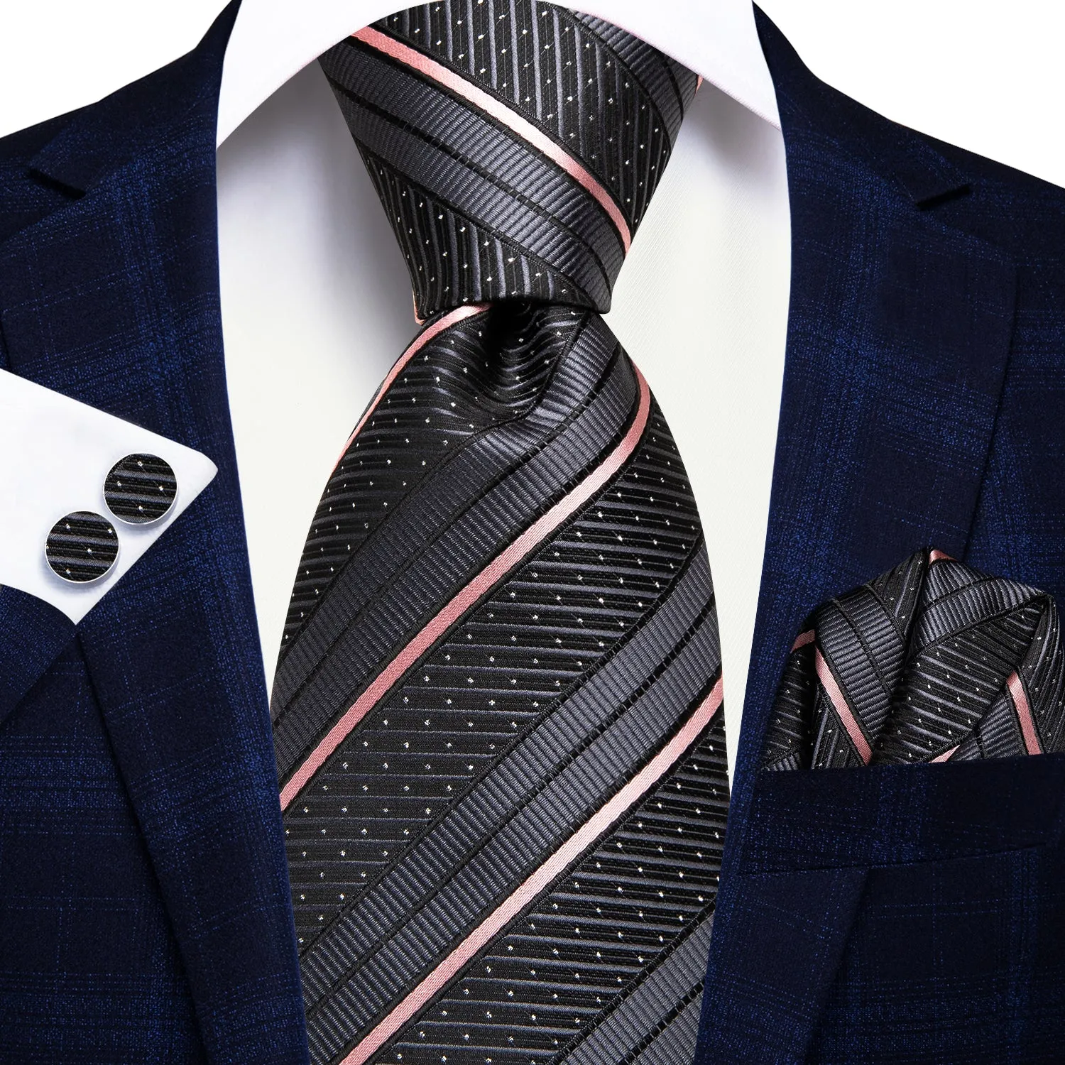 Ties2you Silk Black Tie Pink Striped Business Necktie Hanky Cufflinks Set sold by Ties2You product image thumbnail 2
