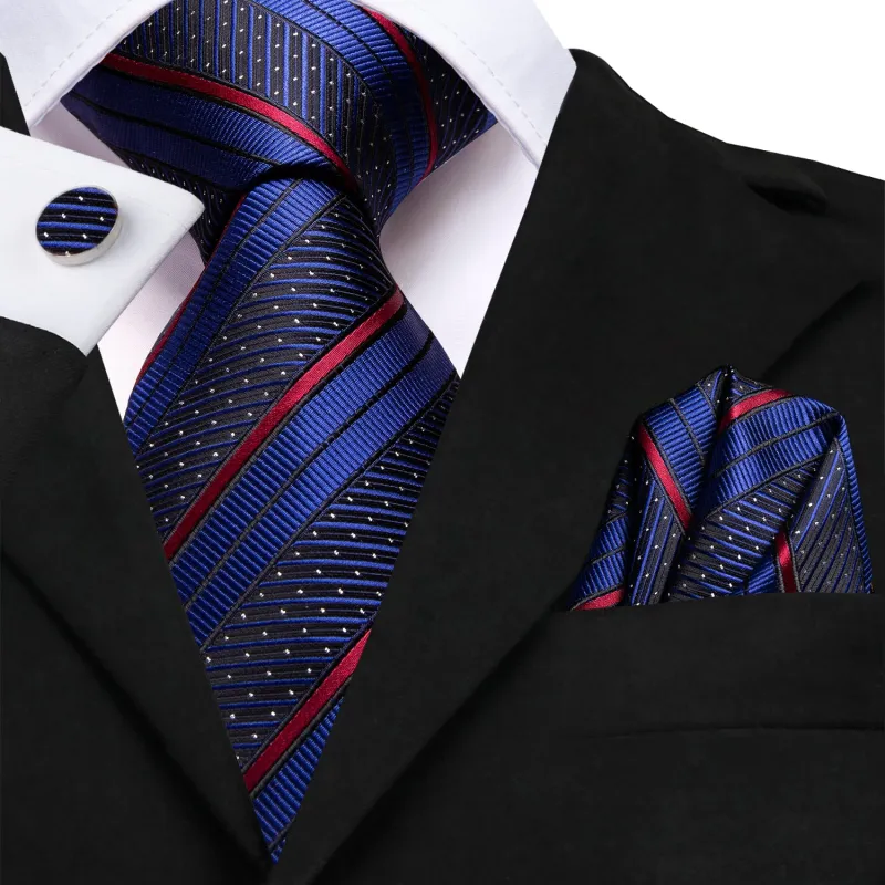 Deep Blue Red Line Striped Tie Pocket Square Cufflinks Set sold by Ties2You