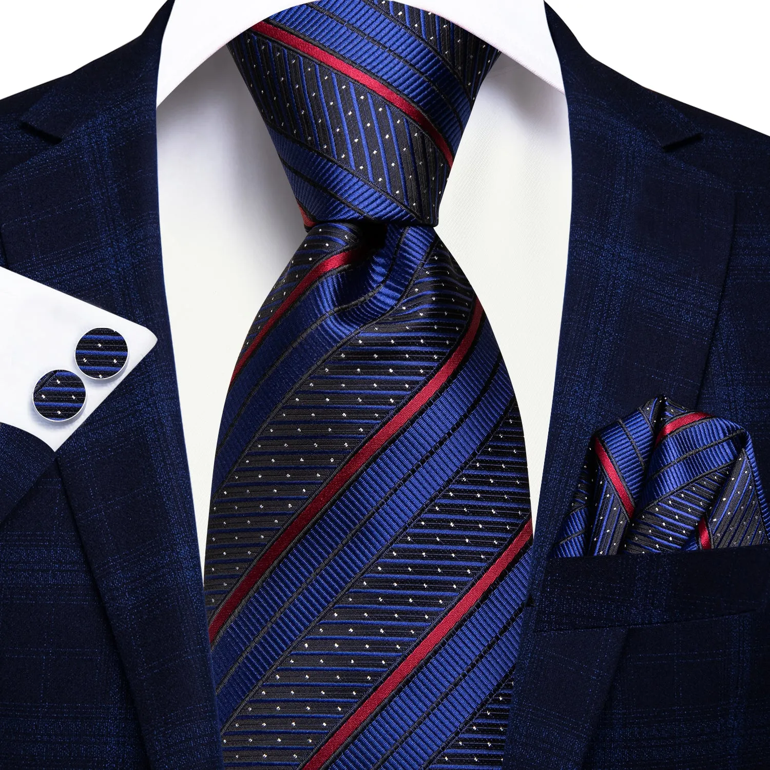 Deep Blue Red Line Striped Tie Pocket Square Cufflinks Set sold by Ties2You product image thumbnail 2