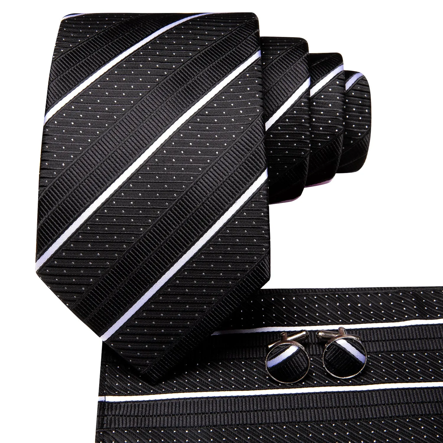 Ties2you Silk Black Necktie White Striped Business Tie Pocket Square Cufflinks Set sold by Ties2You product image thumbnail 3