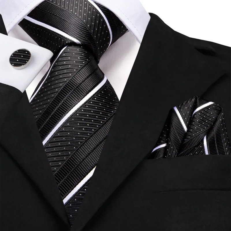 Ties2you Silk Black Necktie White Striped Business Tie Pocket Square Cufflinks Set sold by Ties2You