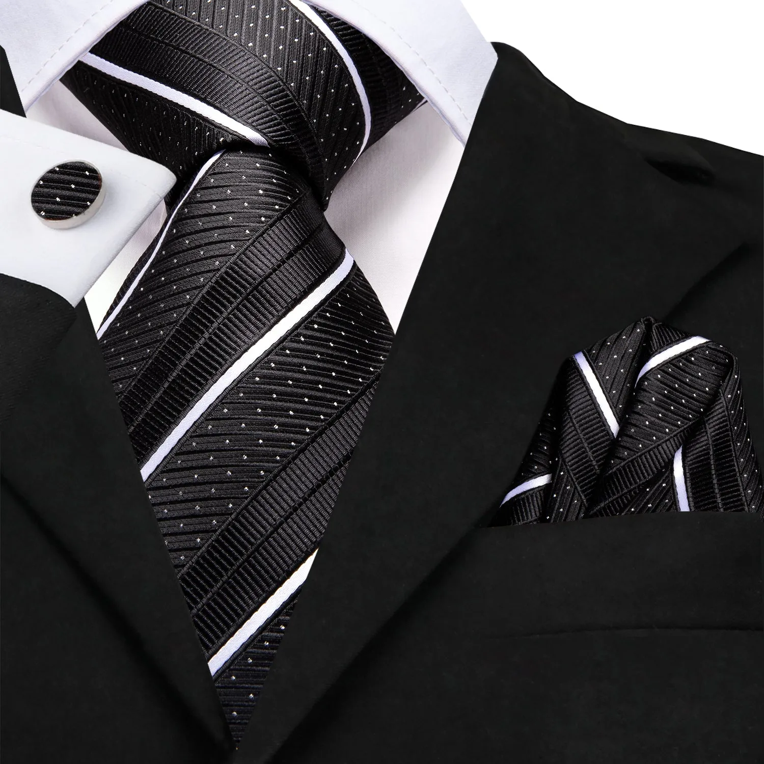 Ties2you Silk Black Necktie White Striped Business Tie Pocket Square Cufflinks Set sold by Ties2You