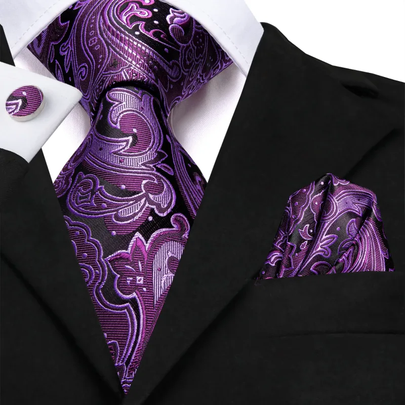 Black Purple Floral 63 Inches Extra Long Men's Necktie Pocket Square Cufflinks Set sold by Ties2You