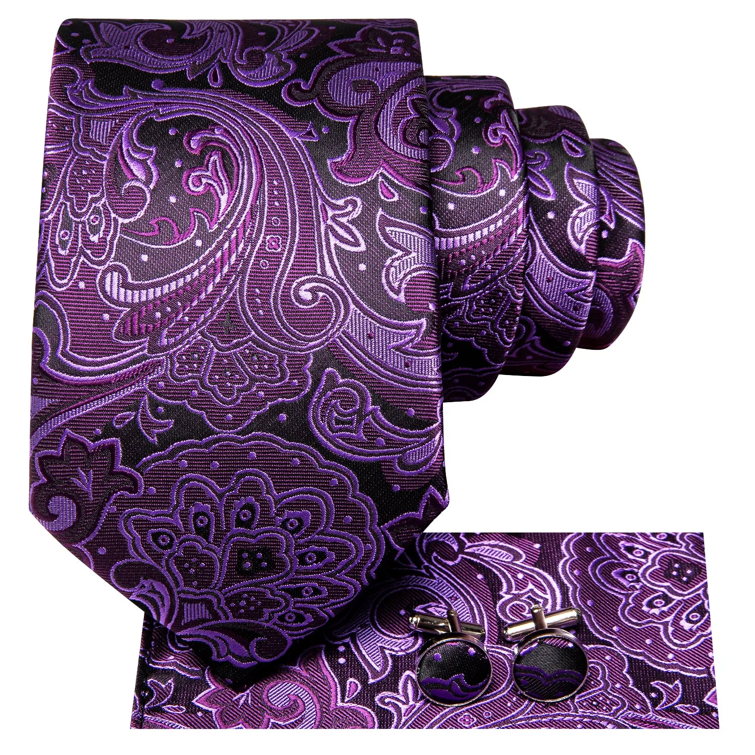 Black Purple Floral 63 Inches Extra Long Men's Necktie Pocket Square Cufflinks Set sold by Ties2You product image thumbnail 4