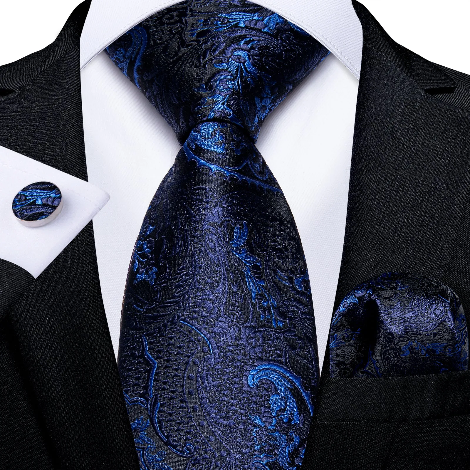 Black Blue Floral Tie Pocket Square Cufflinks Set sold by Ties2You
