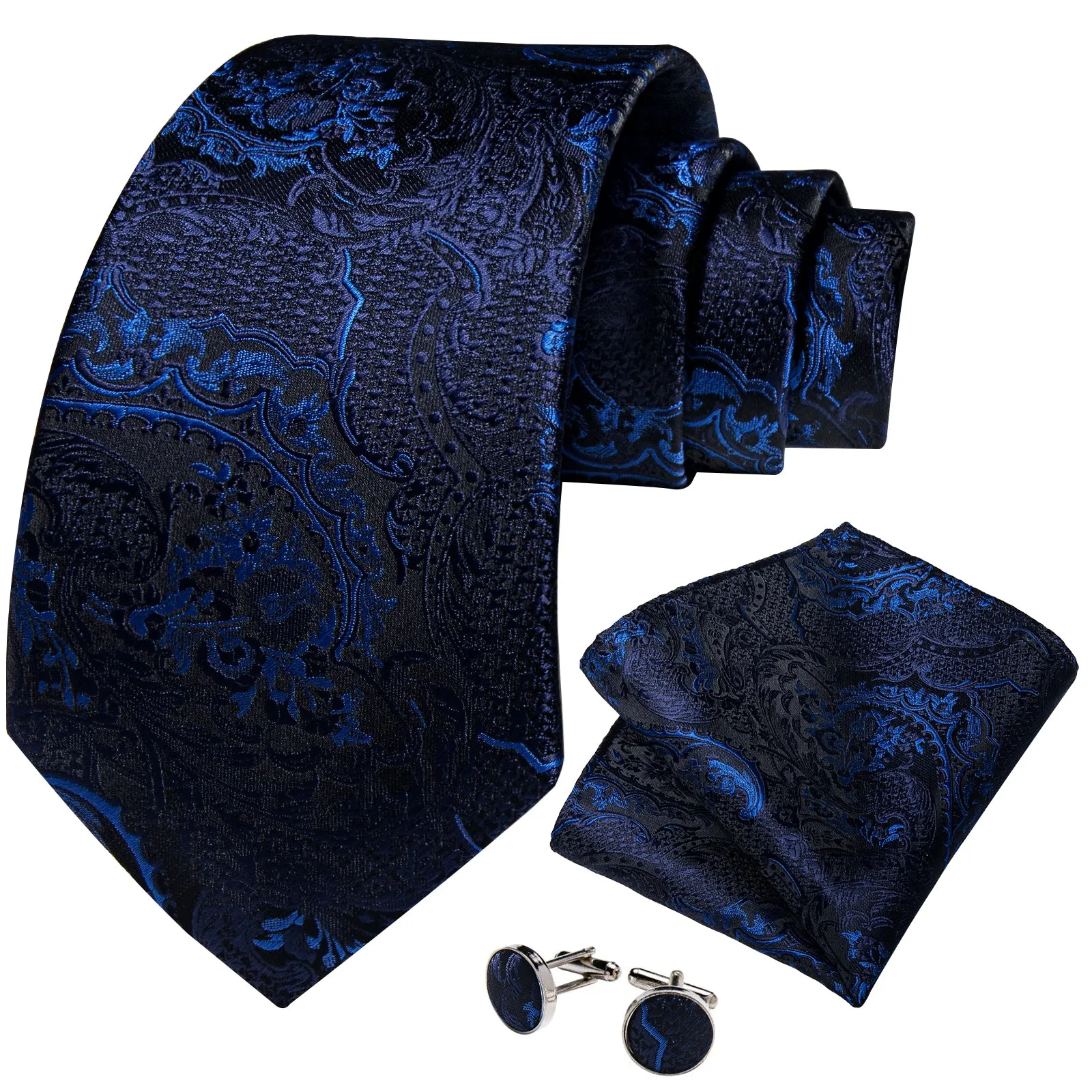 Black Blue Floral Tie Pocket Square Cufflinks Set sold by Ties2You product image thumbnail 2