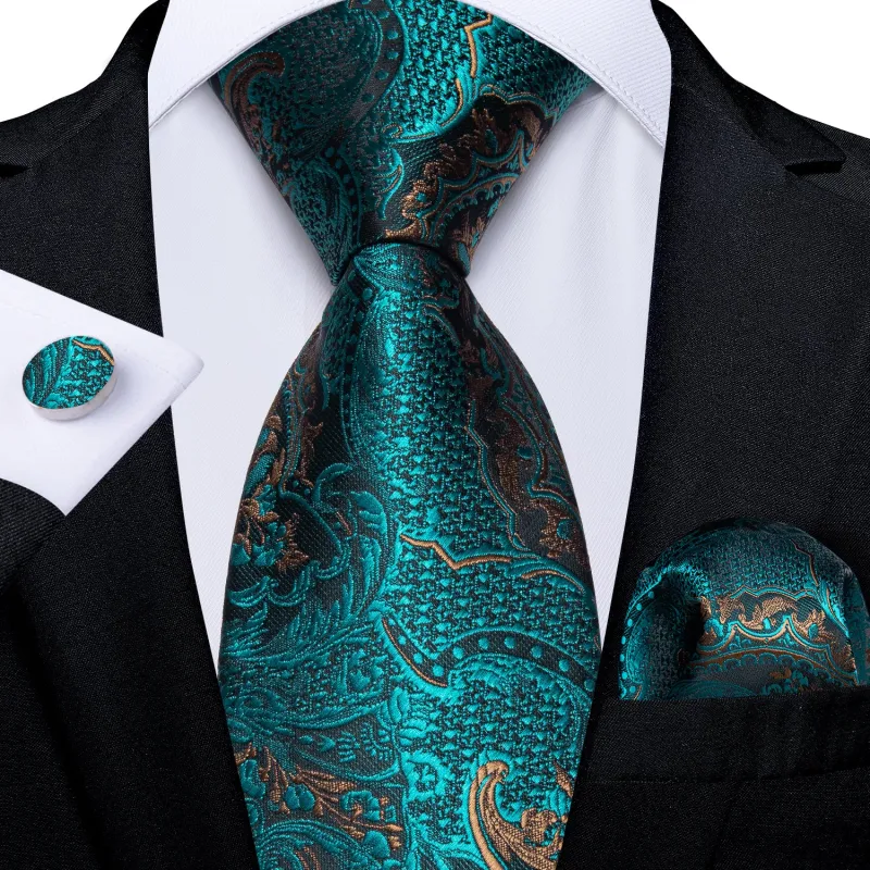 Lake Green Floral Tie Pocket Square Cufflinks Set sold by Ties2You