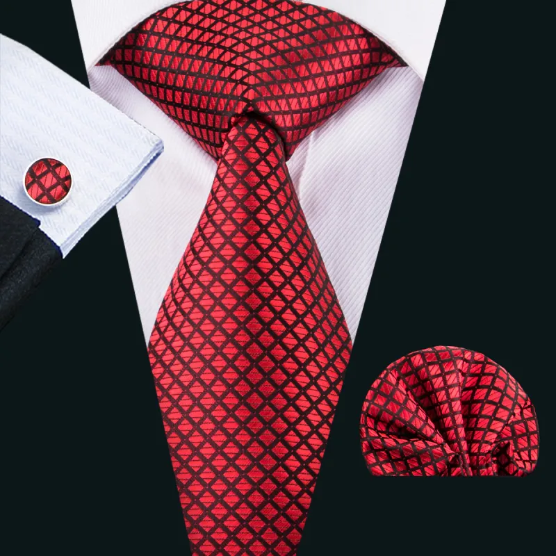 Top Red Plaid Tie Pocket Square Cufflinks Set sold by Ties2You