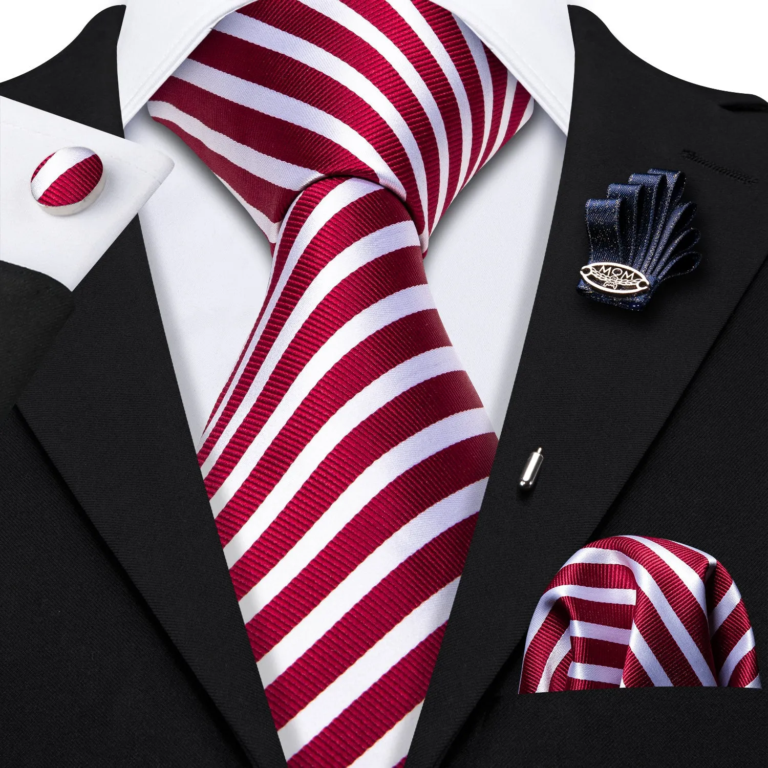 White Red Striped Men's Necktie Pocket Square Cufflinks Set with Lapel Pin sold by Ties2You