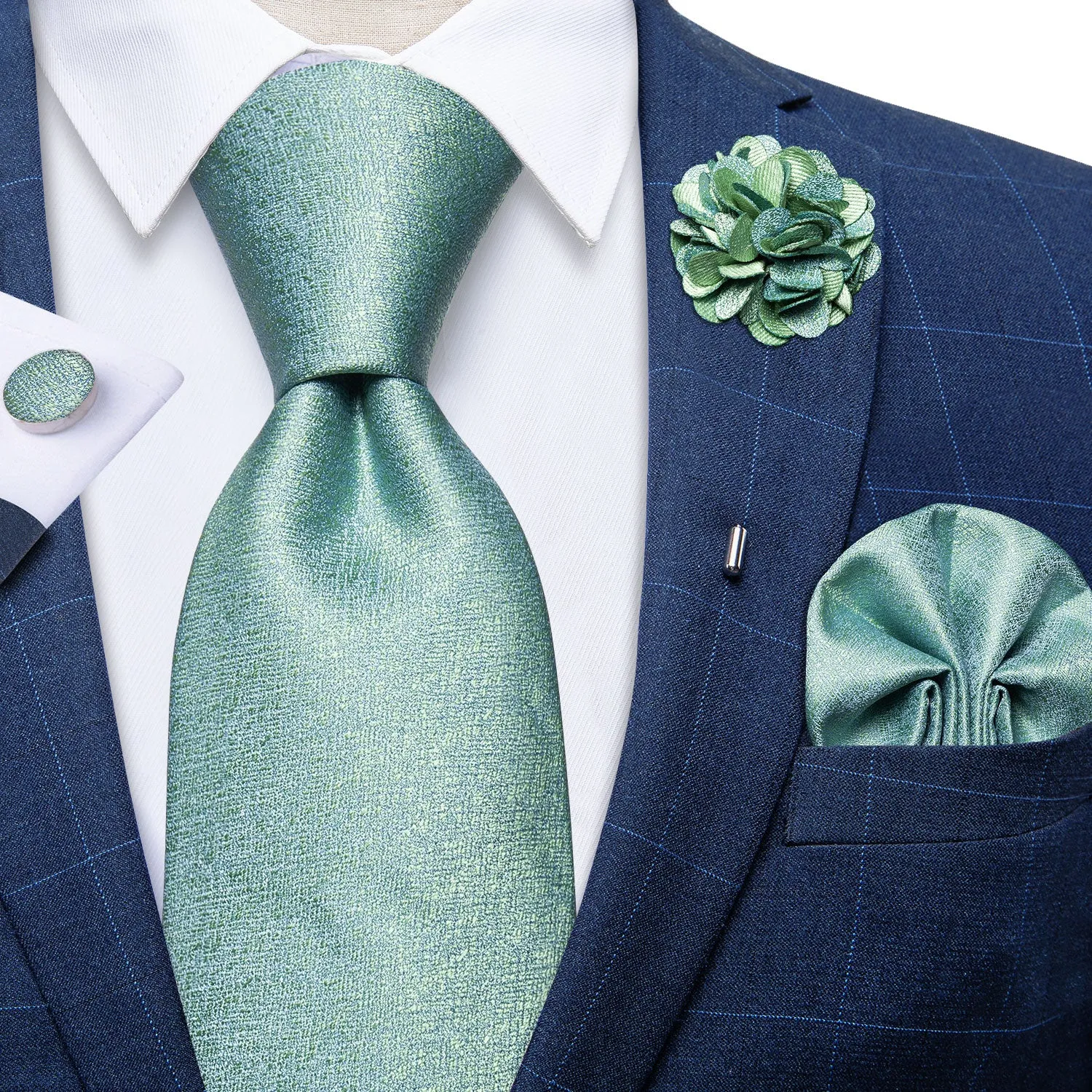 Mint Green Solid Tie Pocket Square Cufflinks Set with Lapel Pin sold by Ties2You