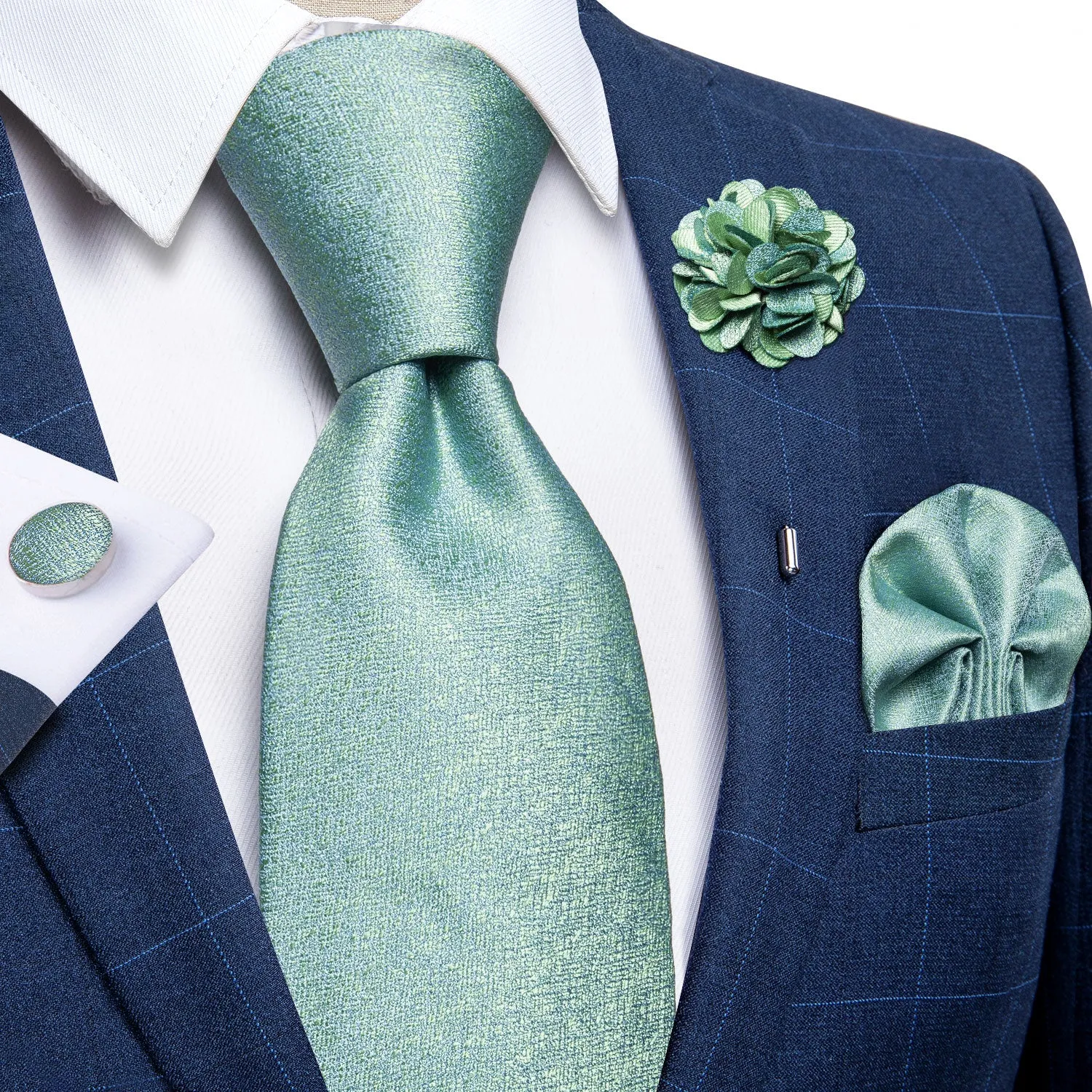 Mint Green Solid Tie Pocket Square Cufflinks Set with Lapel Pin sold by Ties2You product image thumbnail 2
