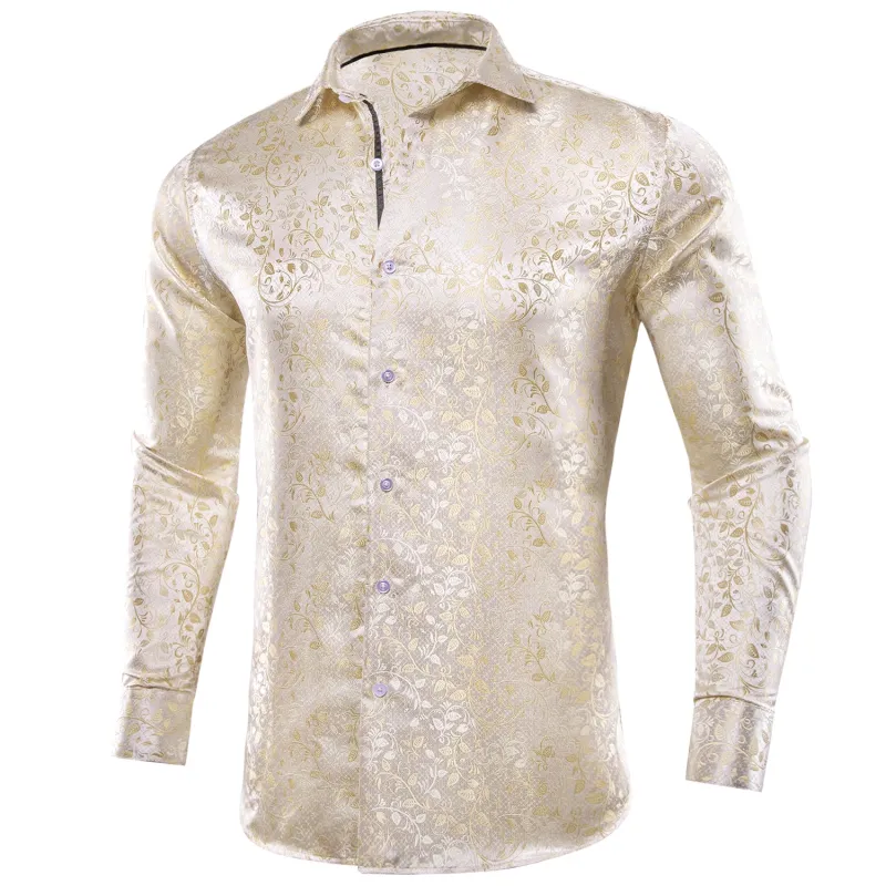 Champagne White Floral Pattern Silk Men's Long Sleeve Shirt sold by Ties2You