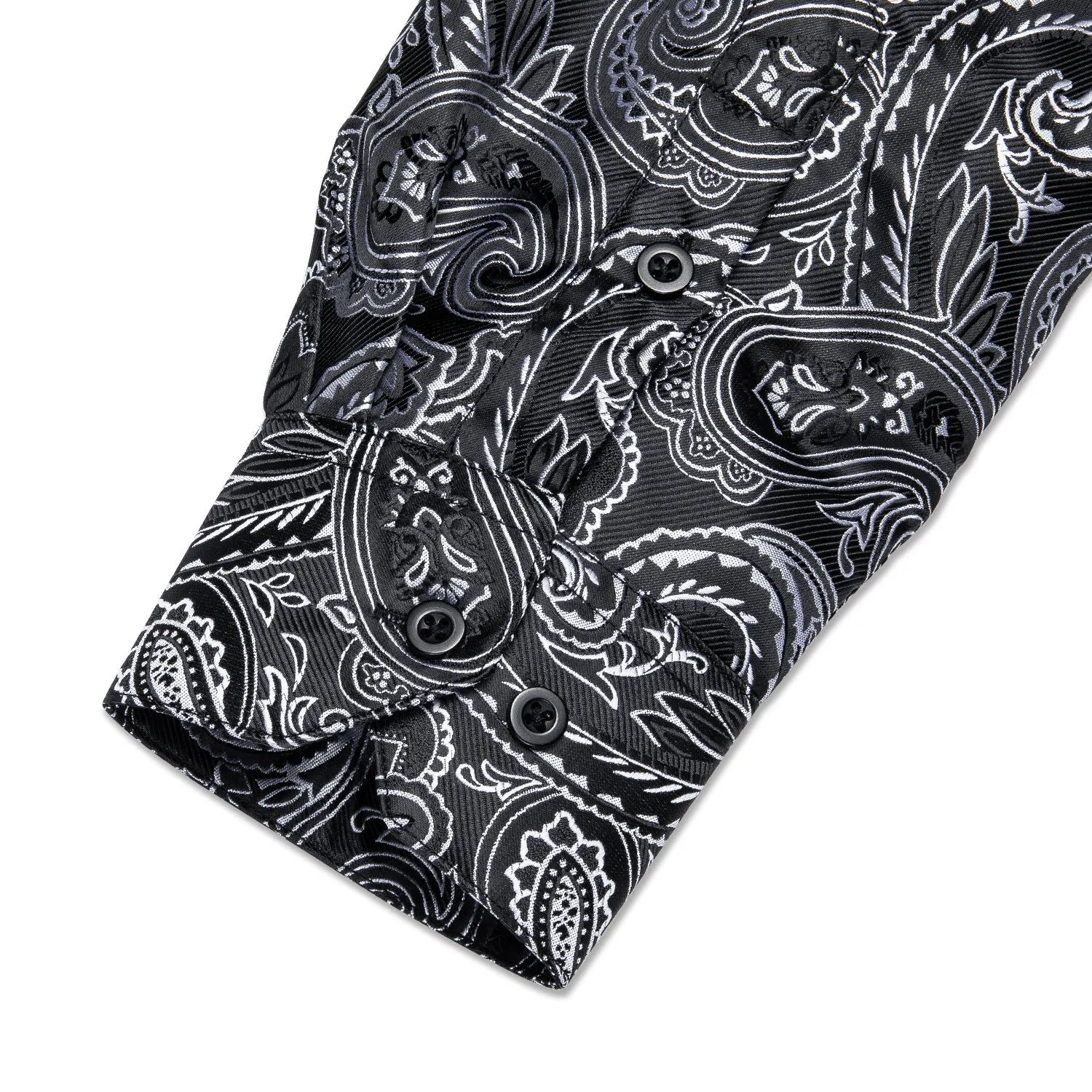 Ties2you Silver Paisley Dress Shirt Mens Silk Black Long Sleeve Button Down Shirt sold by Ties2You product image thumbnail 2