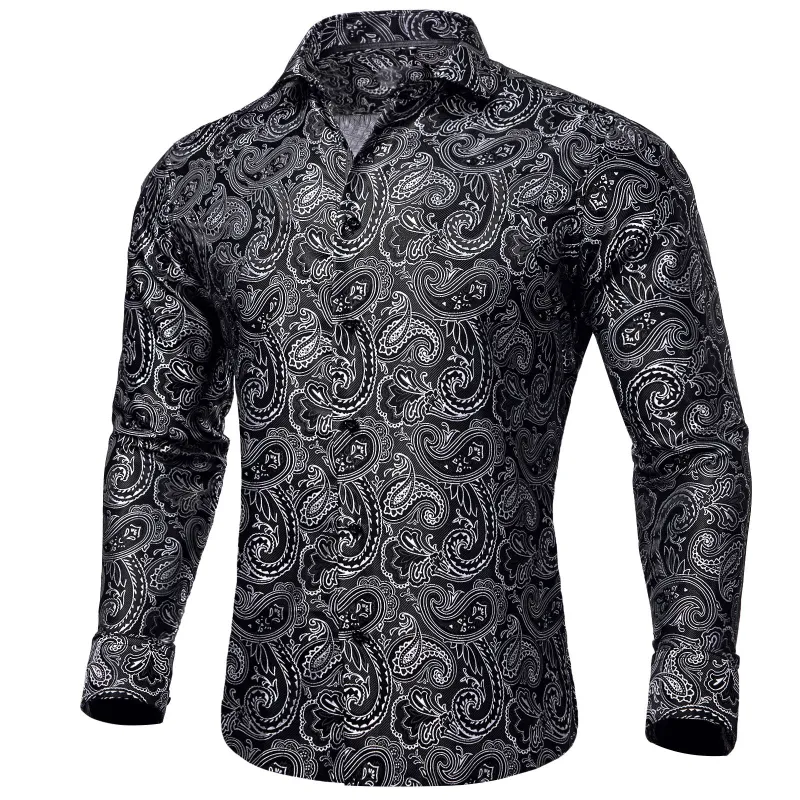 Ties2you Silver Paisley Dress Shirt Mens Silk Black Long Sleeve Button Down Shirt sold by Ties2You