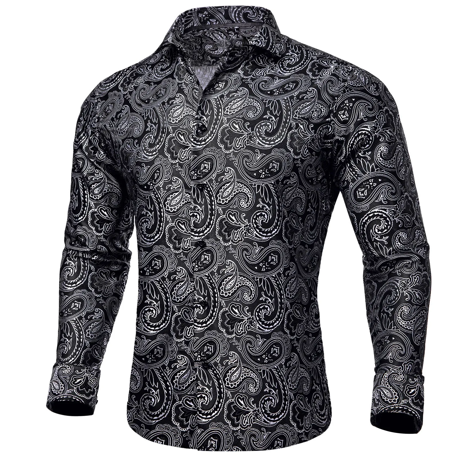 Ties2you Silver Paisley Dress Shirt Mens Silk Black Long Sleeve Button Down Shirt sold by Ties2You