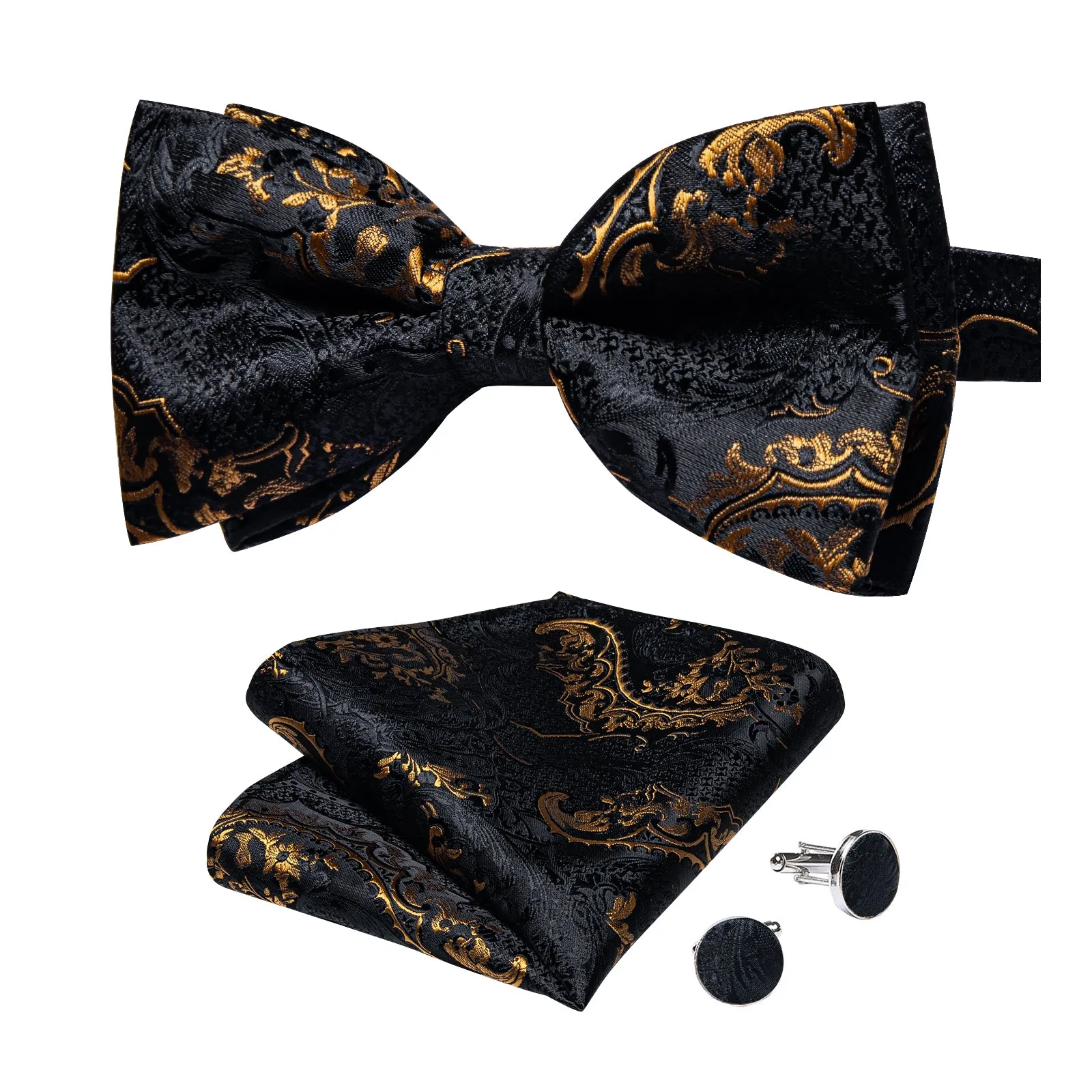 Black Golden Paisley Men's Pre-tied Bowtie Pocket Square Cufflinks Set sold by Ties2You product image thumbnail 3