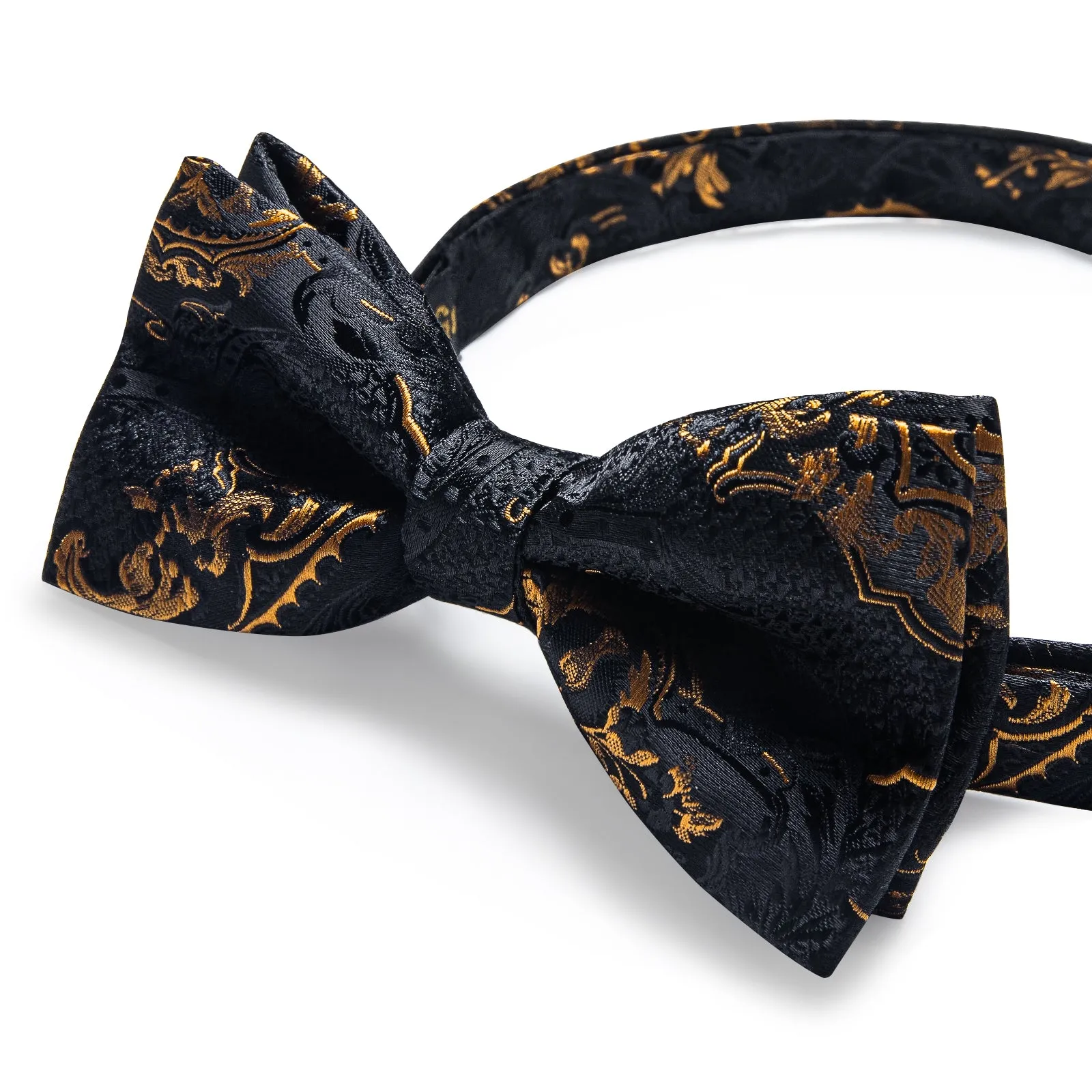 Black Golden Paisley Men's Pre-tied Bowtie Pocket Square Cufflinks Set sold by Ties2You product image thumbnail 5