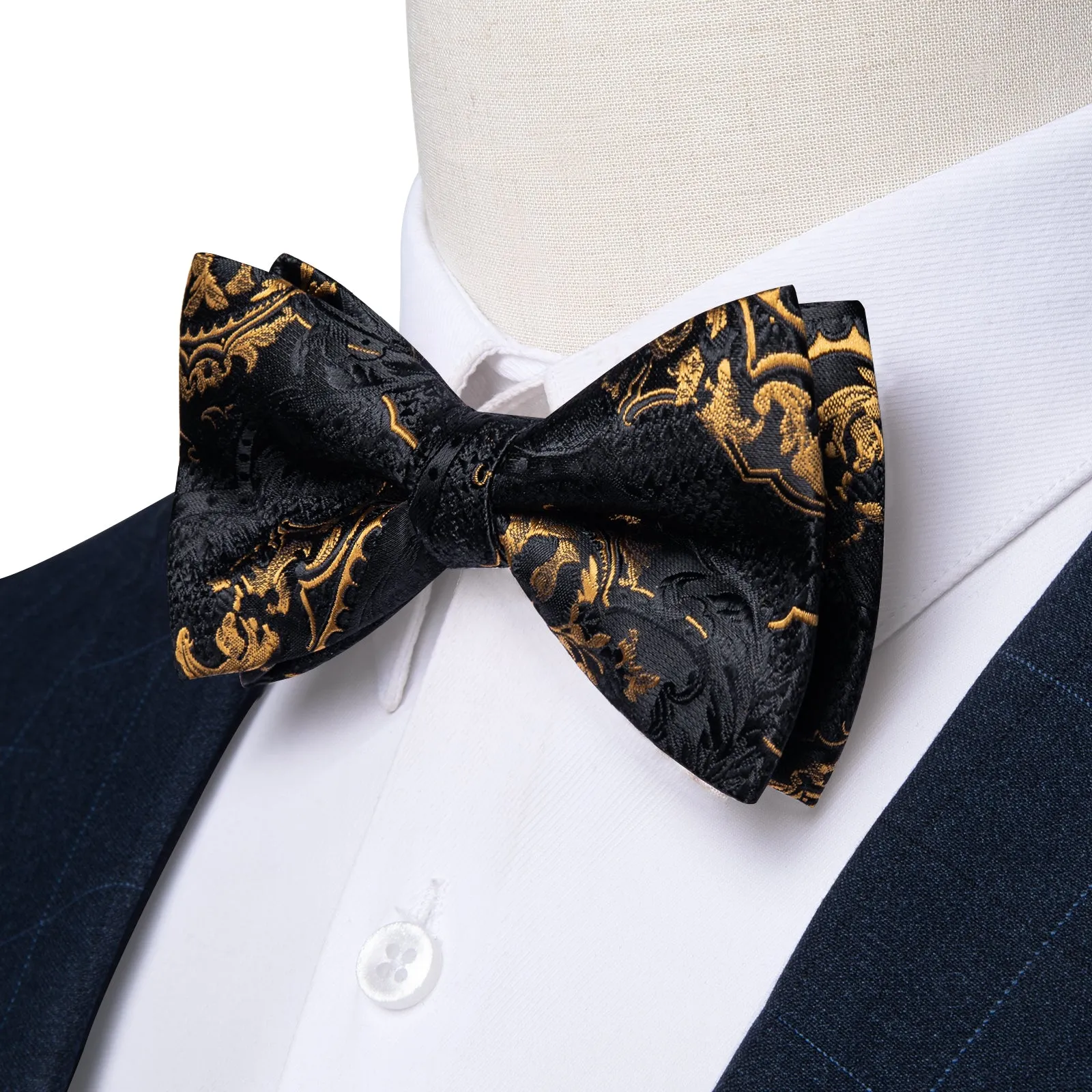 Black Golden Paisley Men's Pre-tied Bowtie Pocket Square Cufflinks Set sold by Ties2You product image thumbnail 2