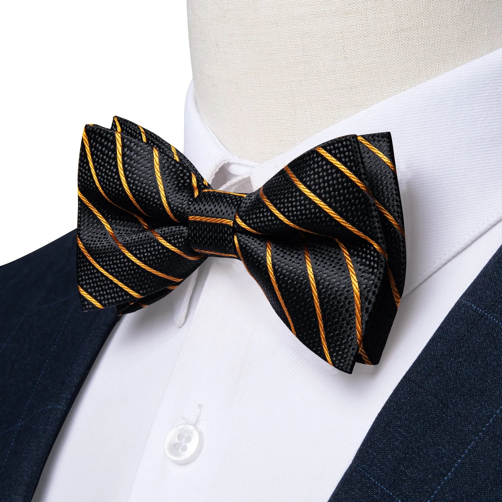 Black Golden Striped Men's Pre-tied Bowtie Pocket Square Cufflinks Set sold by Ties2You product image thumbnail 2