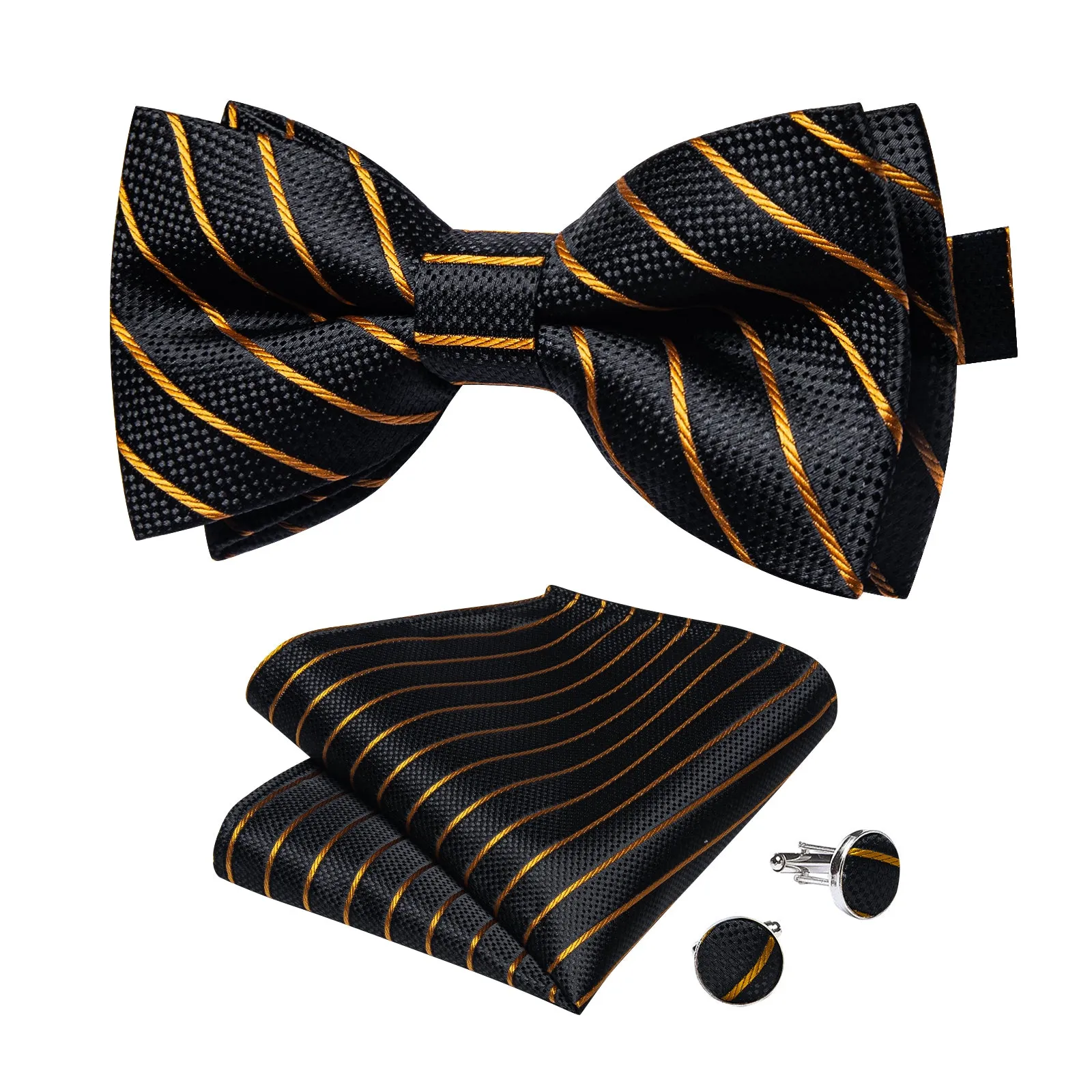 Black Golden Striped Men's Pre-tied Bowtie Pocket Square Cufflinks Set sold by Ties2You product image thumbnail 3