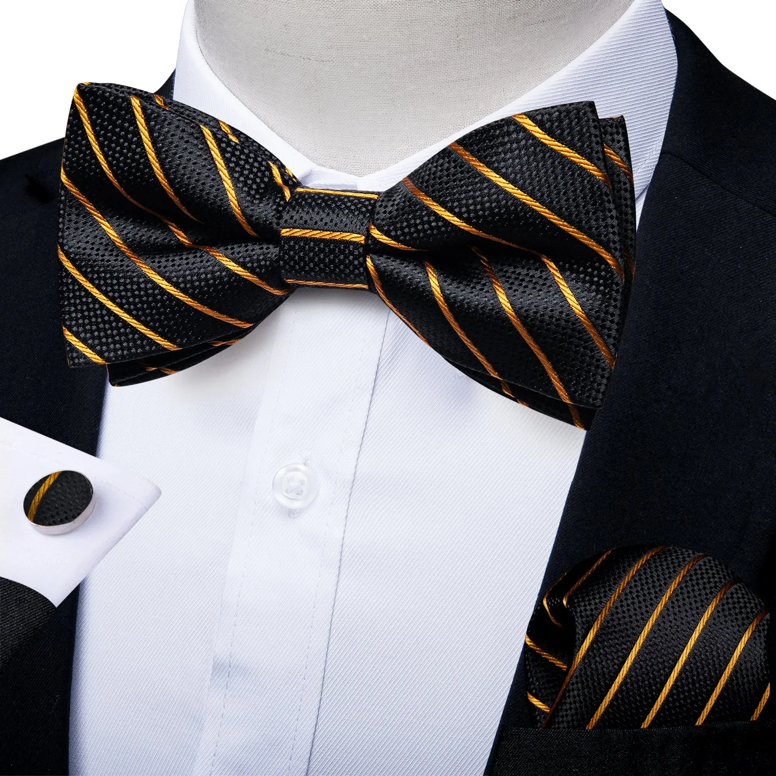 Black Golden Striped Men's Pre-tied Bowtie Pocket Square Cufflinks Set sold by Ties2You