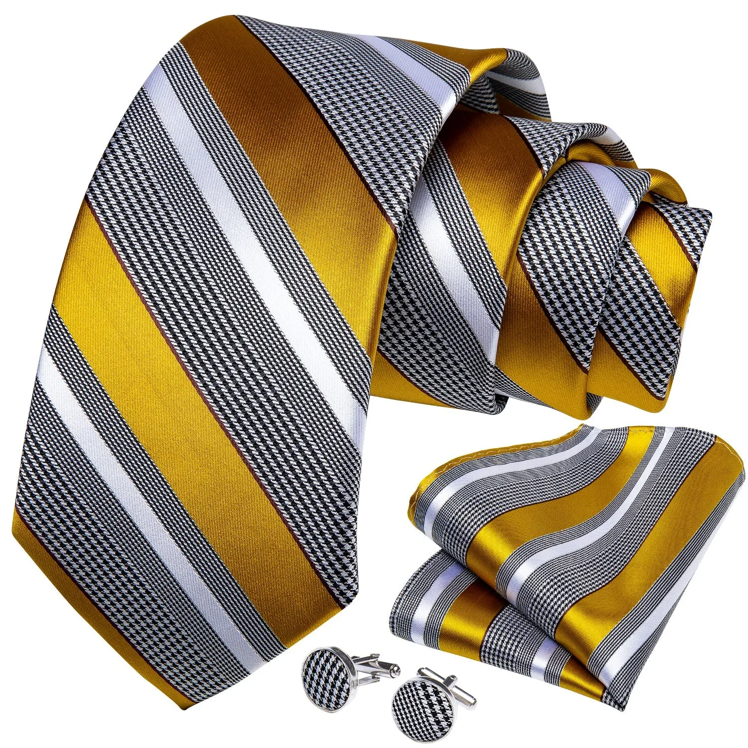 Yellow Grey Striped Men's Tie Hanky Cufflinks Set with Chain Collar Pin sold by Ties2You product image thumbnail 3