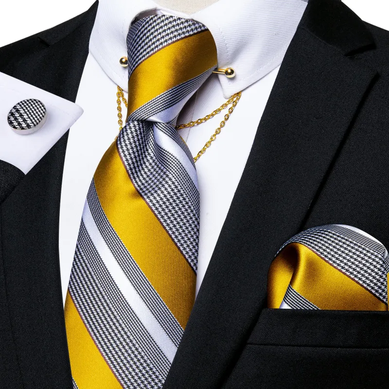 Yellow Grey Striped Men's Tie Hanky Cufflinks Set with Chain Collar Pin sold by Ties2You