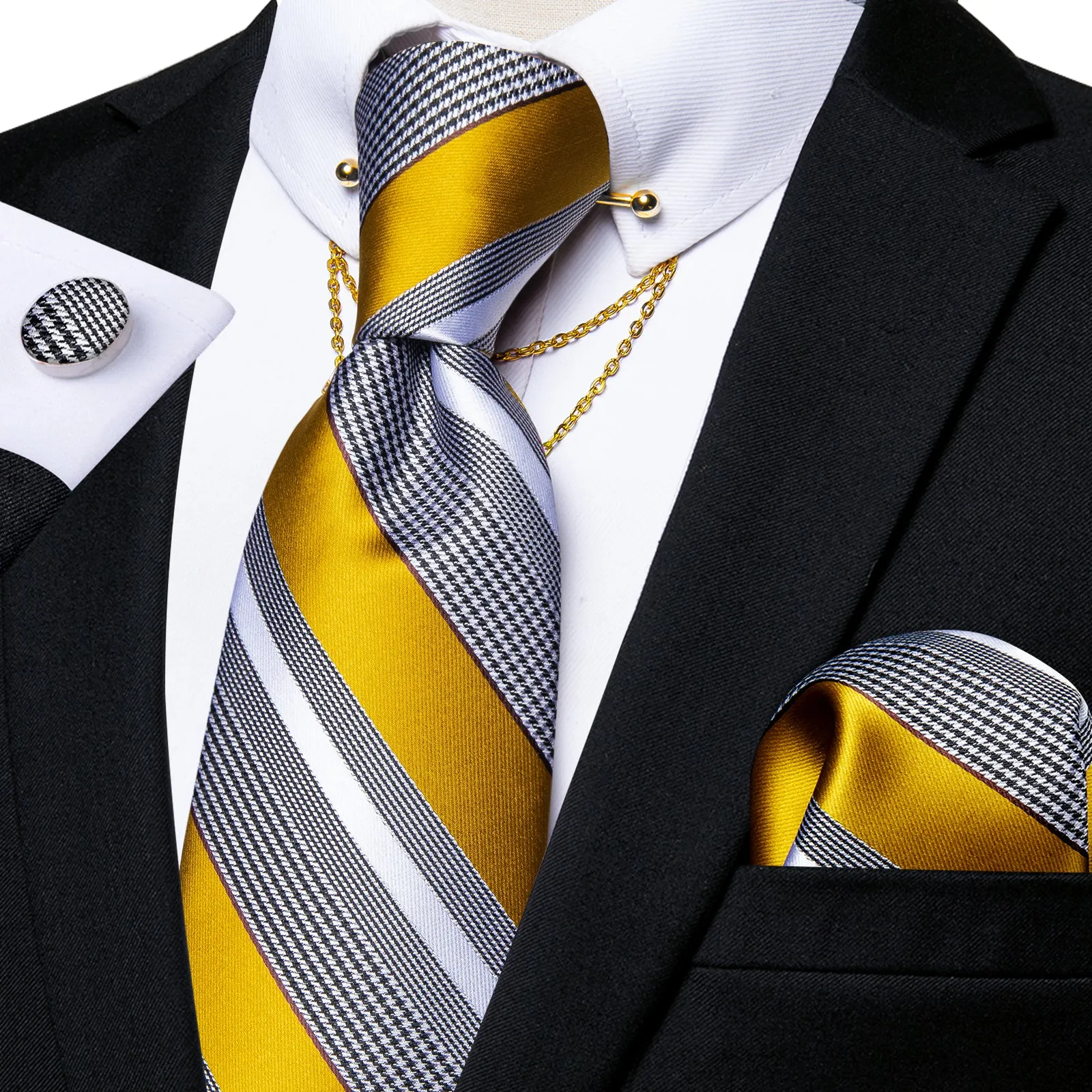 Yellow Grey Striped Men's Tie Hanky Cufflinks Set with Chain Collar Pin sold by Ties2You