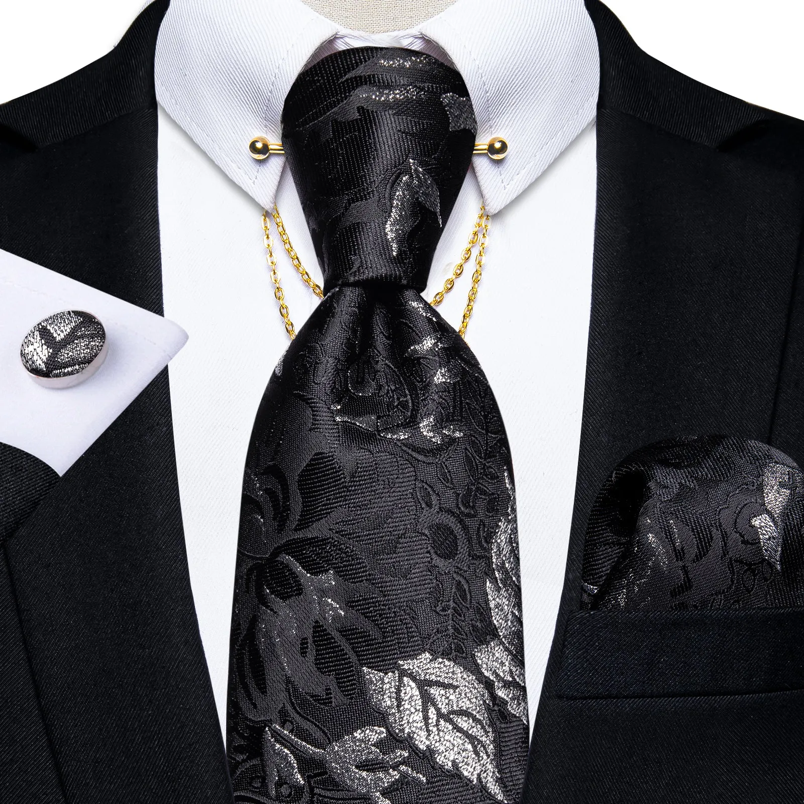 Black Silver Floral Men's Tie Hanky Cufflinks Set with Chain Collar Pin sold by Ties2You