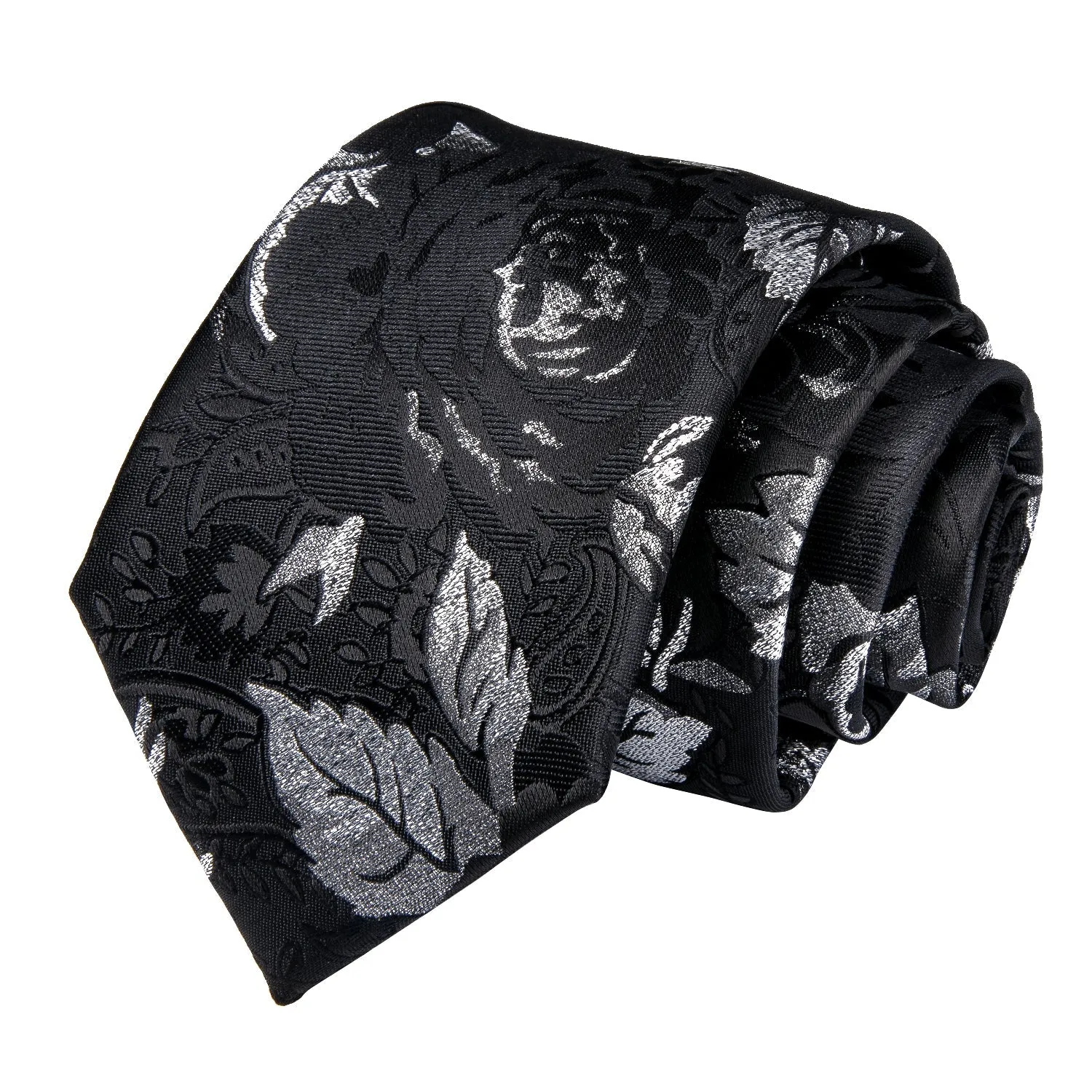 Black Silver Floral Men's Tie Hanky Cufflinks Set with Chain Collar Pin sold by Ties2You product image thumbnail 5