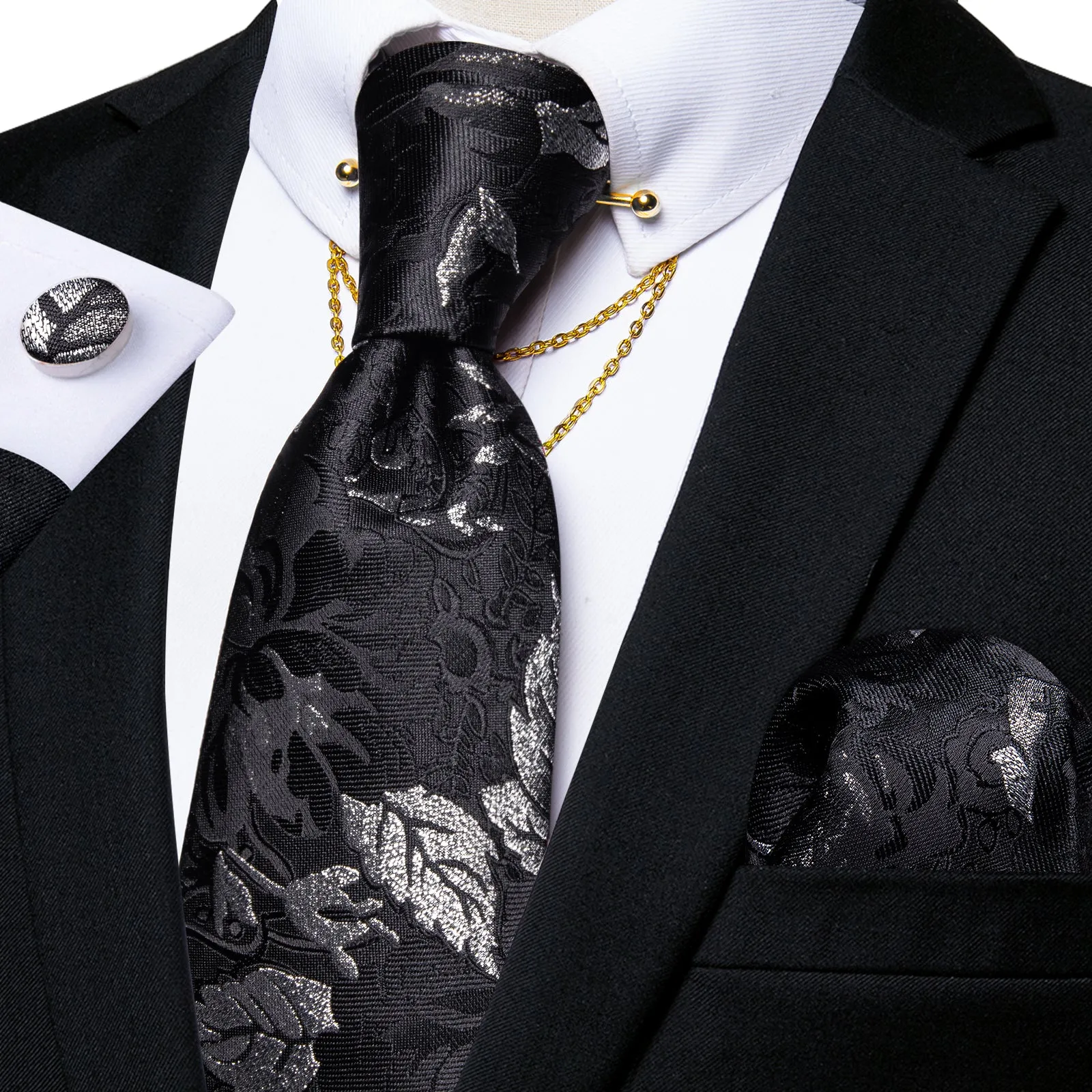 Black Silver Floral Men's Tie Hanky Cufflinks Set with Chain Collar Pin sold by Ties2You product image thumbnail 2