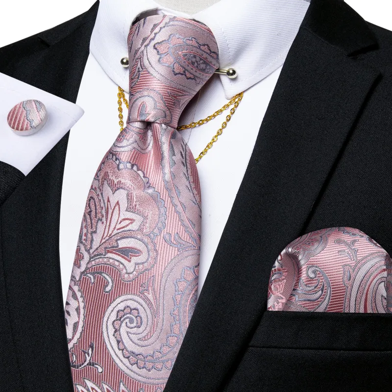 Pink Paisley Men's Tie Hanky Cufflinks Set with Chain Collar Pin sold by Ties2You